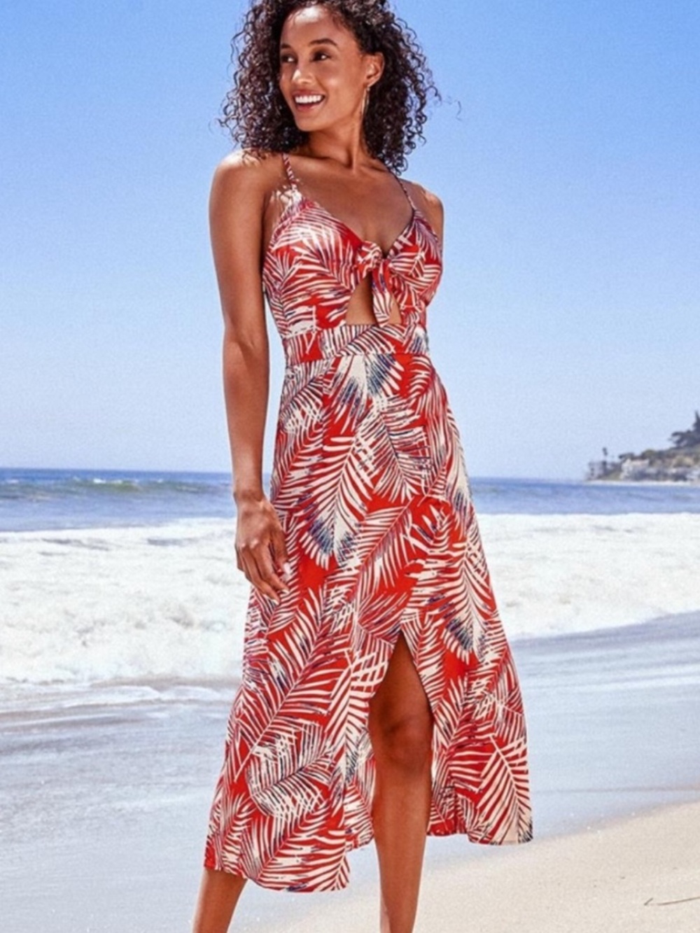 NWT Cupshe Reagan Tropical Leaf Knotted Dress Red Ivory Blue XS Resort Beach
